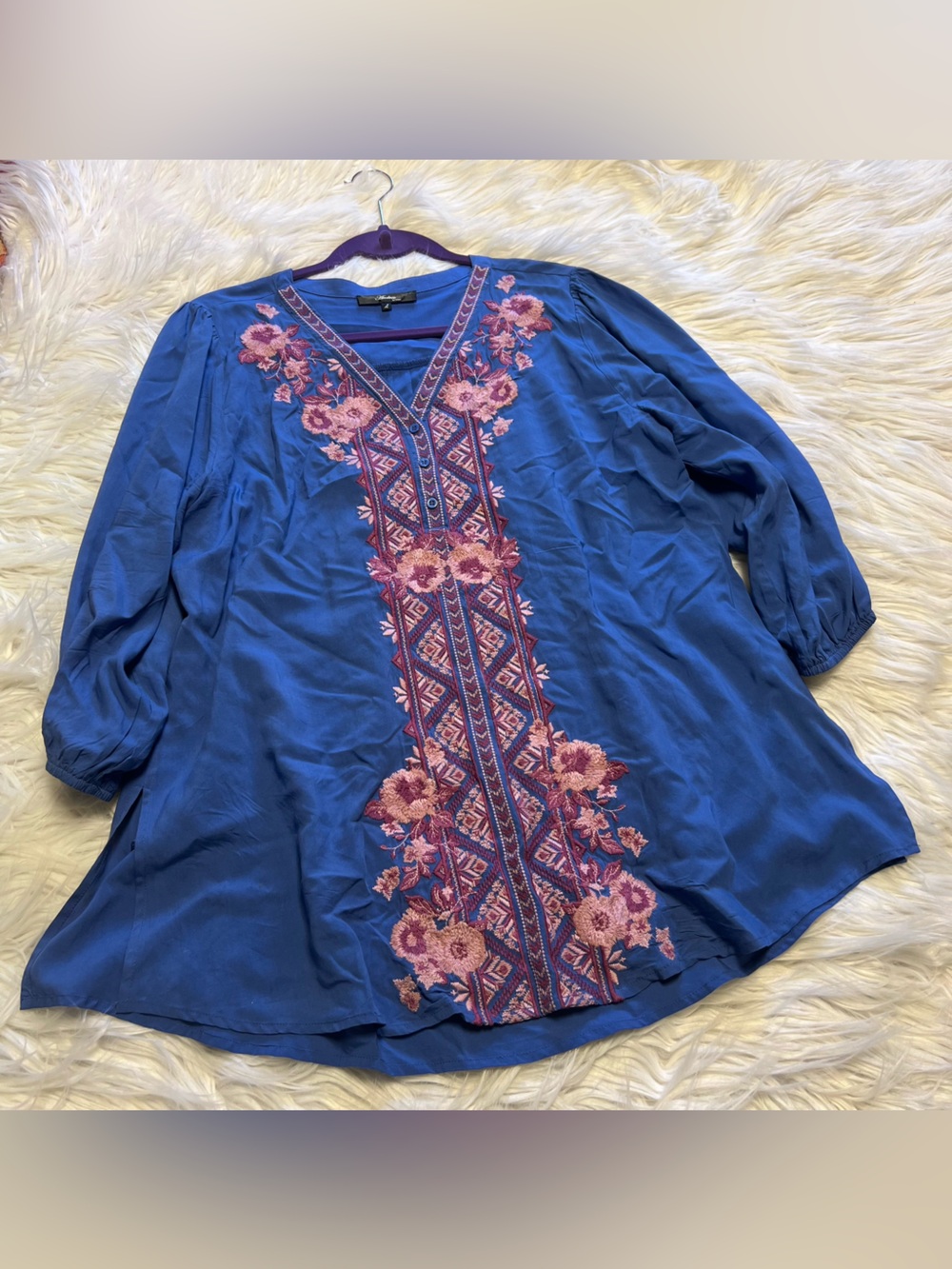 ANDREE BY UNIT Royal Blue Top with Pink Embroidery